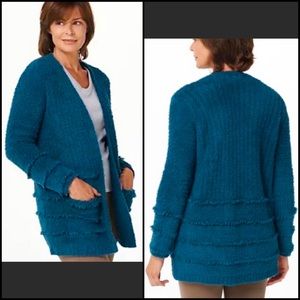 Barefoot Dreams Deep Teal Micro Fringe Open Front Cardigan Sweater w/Pockets